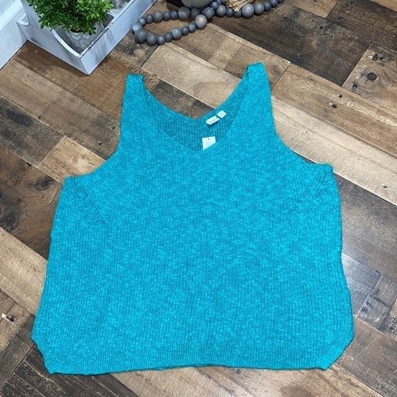 Gap Sleeveless shirt XXL NEW Green Double V-Neck Ribbed Tank Top Linen - Picture 2 of 6